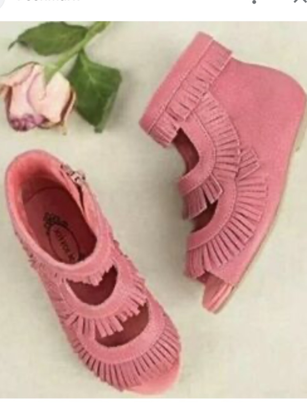 Joyfolie girls' pink fringe suede Khaleesi booties